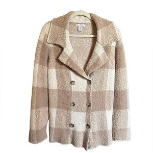 H by Halston Beige Plaid Fuzzy Soft Double Breasted Teddy Coat Size: M